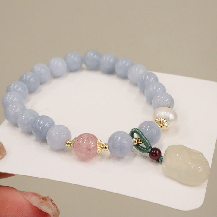 Buddha Stones Natural Aquamarine Chalcedony Serenity Rabbit Gourd Cat Charm Bracelet - image 4