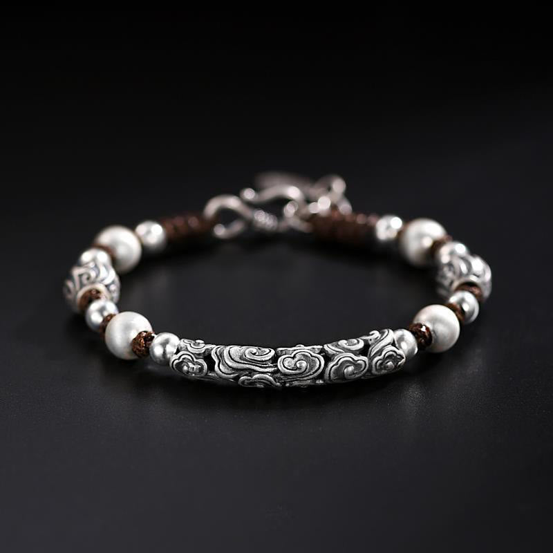 Buddha Stones Tibet Handmade Copper 999 Sterling Silver Auspicious Cloud Wealth String Bracelet