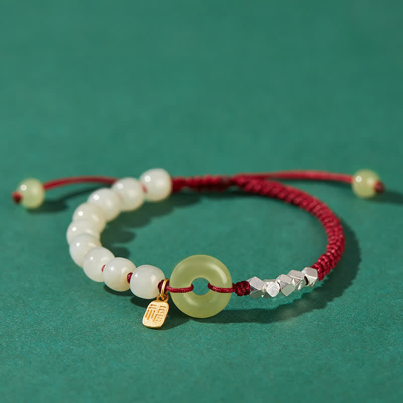 925 Sterling Silver Hetian Jade Peace Buckle Beaded Luck Happiness Charm Bracelet - Dark Red - image 16