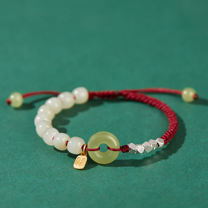 925 Sterling Silver Hetian Jade Peace Buckle Beaded Luck Happiness Charm Bracelet - Dark Red - image 16