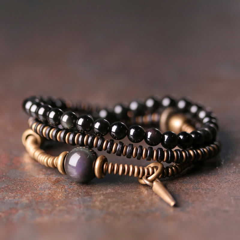 Buddha Stones Rainbow Obsidian Ebony Wood Copper Healing Triple Wrap Bracelet