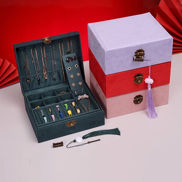 Buddha Stones Simple Design Jewelry Box Organizer Two-Layer Jewelry Storage Box Flannel Box With Lock - image 9