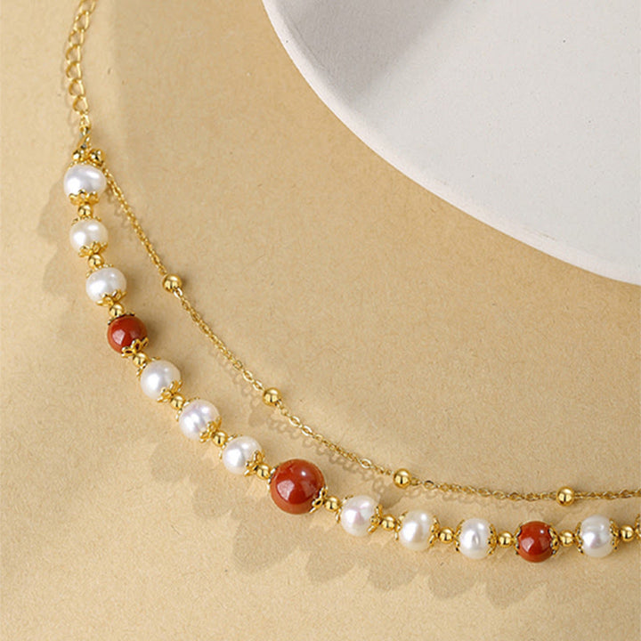 Buddha Stones 925 Sterling Silver Pearl Cinnabar Wisdom Bead Double Layer Chain Bracelet - image 3