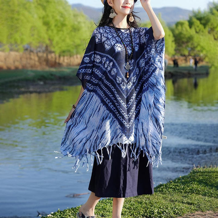 Buddha Stones Blue Striped Floral Indigo Dyeing Shawl Tassels Cozy Pullover 90*95cm