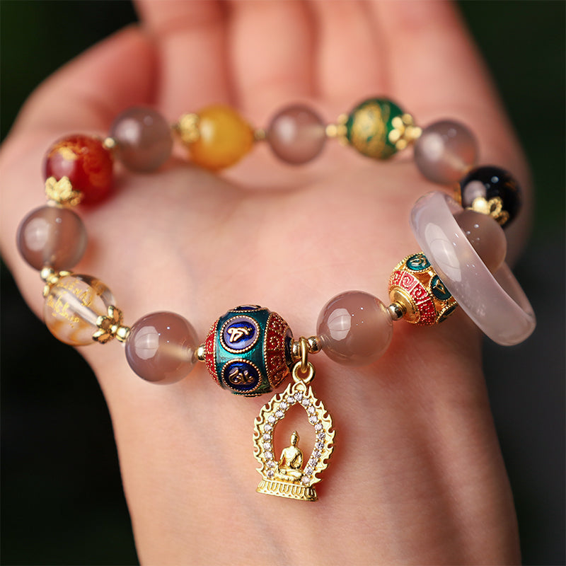 Buddha Stones Natural Gray Agate Five Directions Gods of Wealth Om Mani Padme Hum Buddha Charm Bracelet