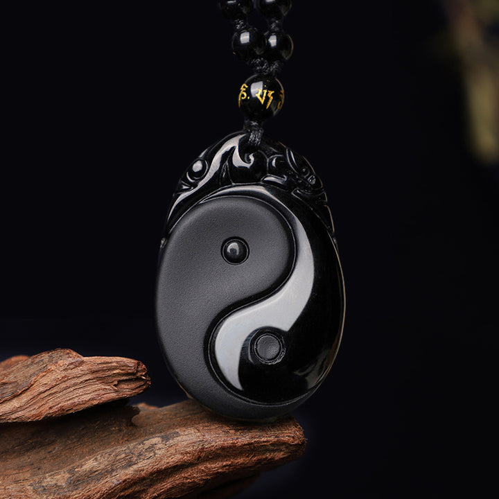 Buddha Stones Natural Black Obsidian Yin Yang Fulfilment Strength Necklace Pendant