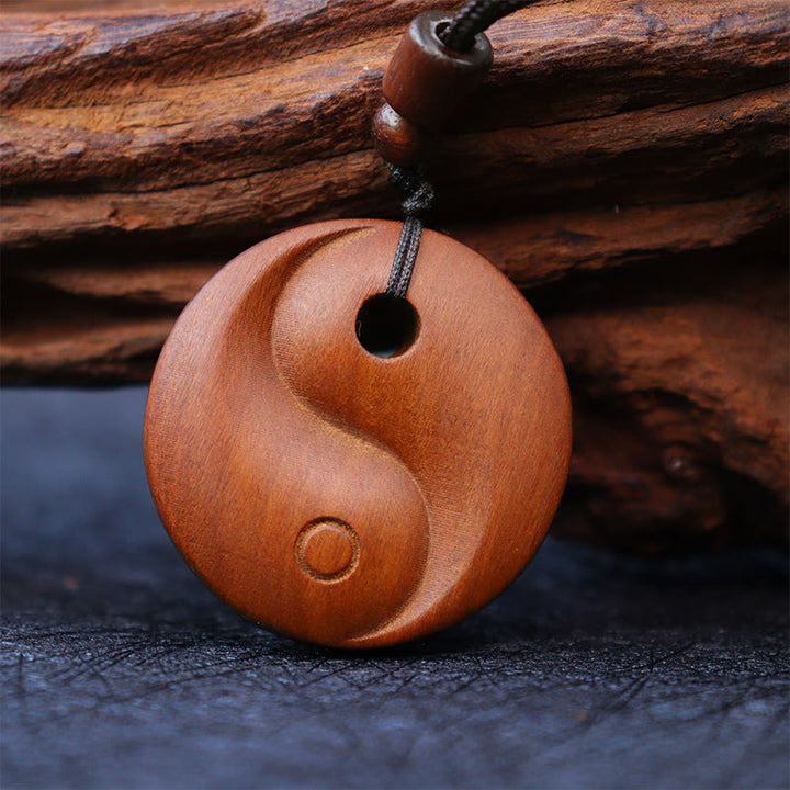 Buddha Stones Lightning Struck Jujube Wood Yin Yang Luck Protection Necklace Pendant