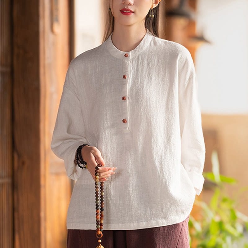 Buddha Stones Solid Color Loose Button Blouse Long Sleeve Shirt Top