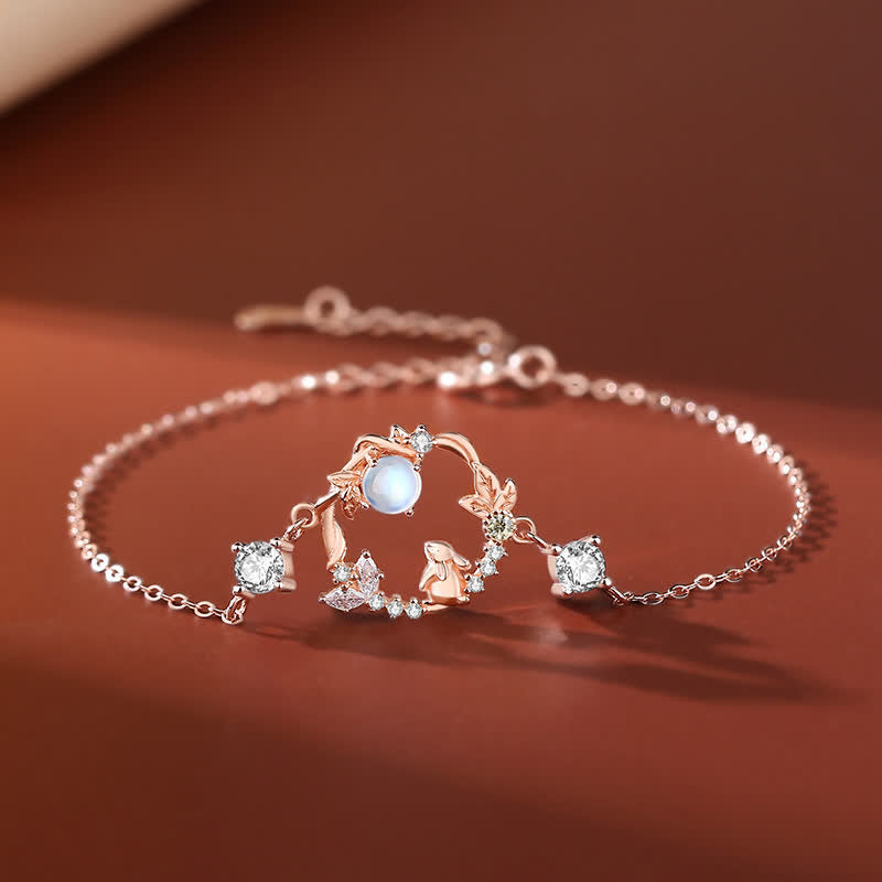 925 Sterling Silver Year of the Rabbit Moonstone Moon Flower Pattern Necklace Pendant Bracelet Earrings - Bracelet - Rose Gold - image 5