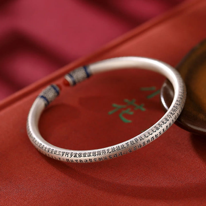 Buddha Stones 999 Sterling Silver Heart Sutra Engraved Red Agate Protection Bracelet Bangle - image 2