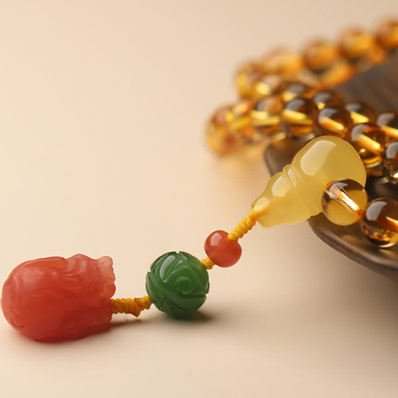 108 Mala Beads Natural Citrine Amber Peace Buckle Red Agate PiXiu Protection Charm Bracelet - image 25