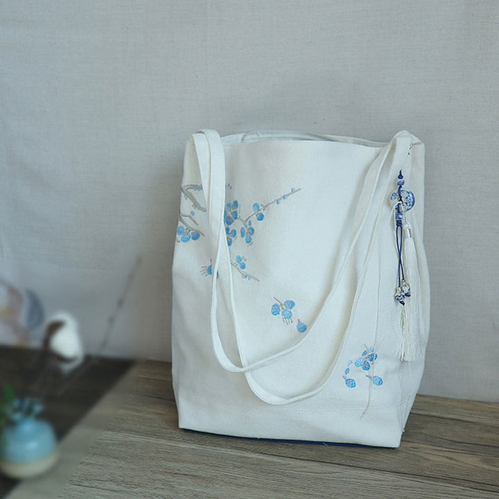 Buddha Stones Flower Crane Plum Blossom Embroidery Canvas Large Capacity Shoulder Bag Tote Bag