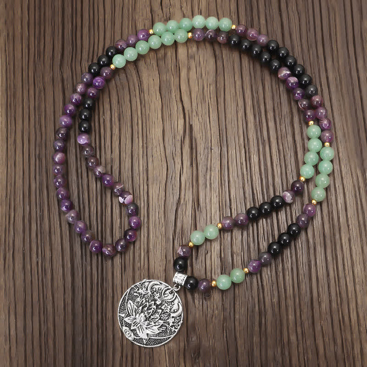 Buddha Stones 108 Mala Beads Amethyst Green Aventurine Lotus Meditation Bracelet - image 9