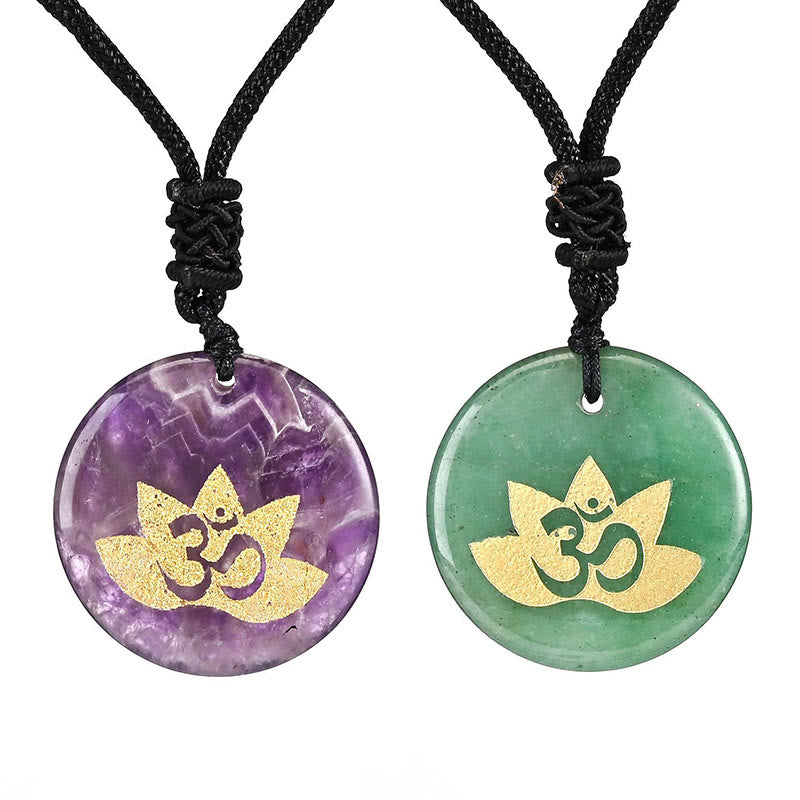 Buddha Stones OM Lotus Symbol Various Crystal Amethyst Tiger Eye Healing Necklace Pendant