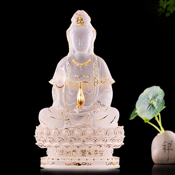 Buddha Stones Kwan Yin Avalokitesvara Handmade Figurine Liuli Crystal Art Piece Wealth Statue Home Offering Decoration - 23cm White&Gold - image 0