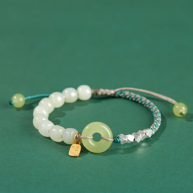 925 Sterling Silver Hetian Jade Peace Buckle Beaded Luck Happiness Charm Bracelet - Light Blue - image 14