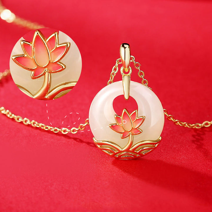 Buddha Stones 925 Sterling Silver Hetian White Jade Lotus Flower Blessing Necklace Pendant - image 3