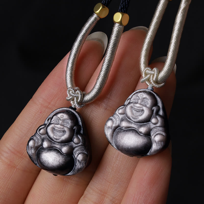 Buddha Stones Natural Silver Sheen Obsidian Laughing Buddha Protection Necklace Pendant - image 9