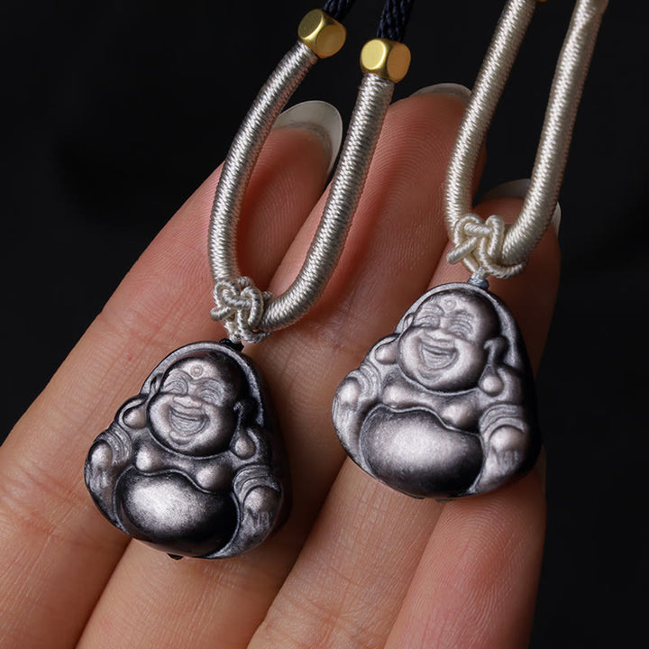 Buddha Stones Natural Silver Sheen Obsidian Laughing Buddha Protection Necklace Pendant - image 9