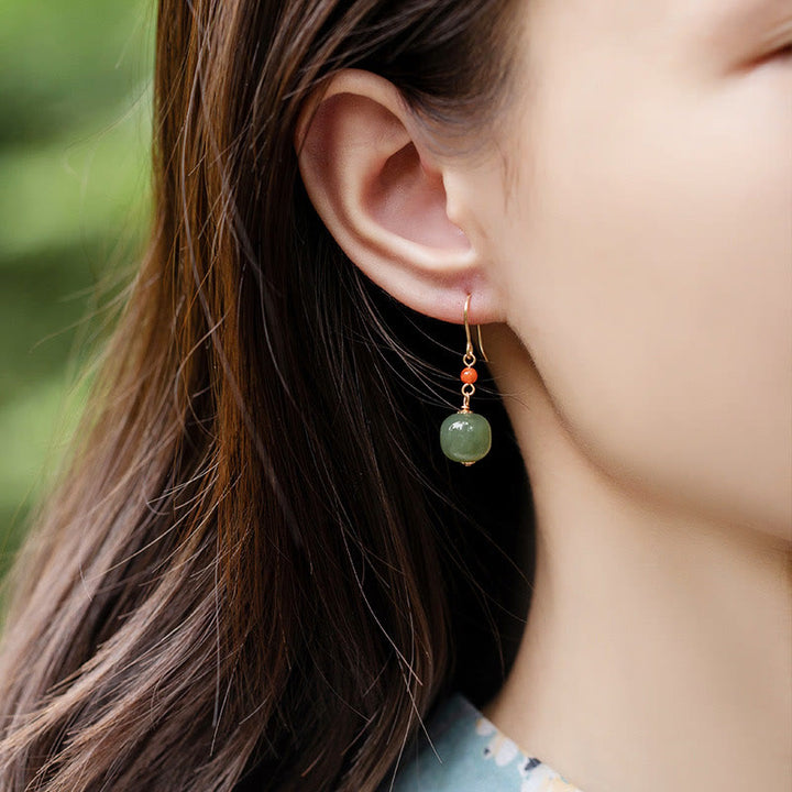 Buddha Stones 925 Sterling Silver Plated 14k Gold Hetian Jade Red Agate Luck Drop Dangle Earrings - image 16