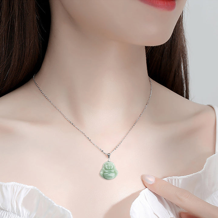 Buddha Stones Laughing Buddha Jade Blessing Titanium Steel Chain Necklace Pendant - image 2