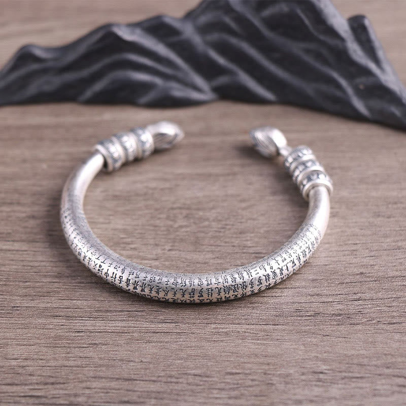 Buddha Stones 999 Sterling Silver Heart Sutra Om Mani Padme Hum Engraved Peace Purity Bracelet Bangle - image 7