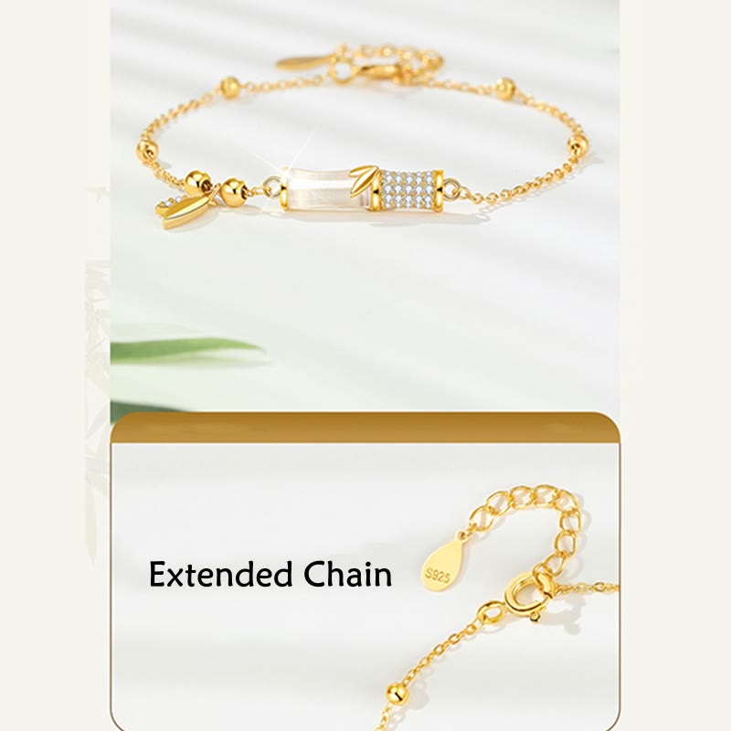 Buddha Stones 925 Sterling Silver 18K Gold Plated White Jade Bamboo Zircon Leaf Luck Bracelet - image 8