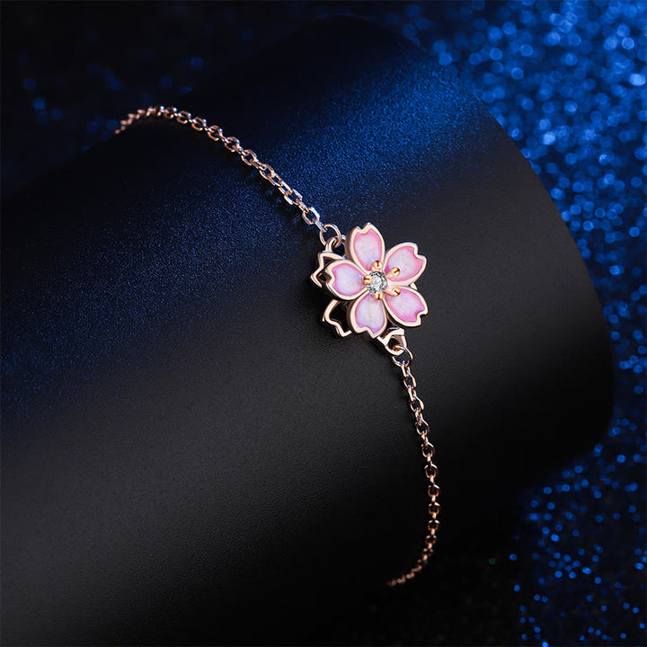 Buddha Stones 925 Sterling Silver Cherry Blossom Blessing Chain Bracelet Rotatable Ring - image 4