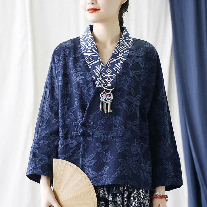 Buddha Stones Flower Jacquard V-Neck Long Sleeve Jacket