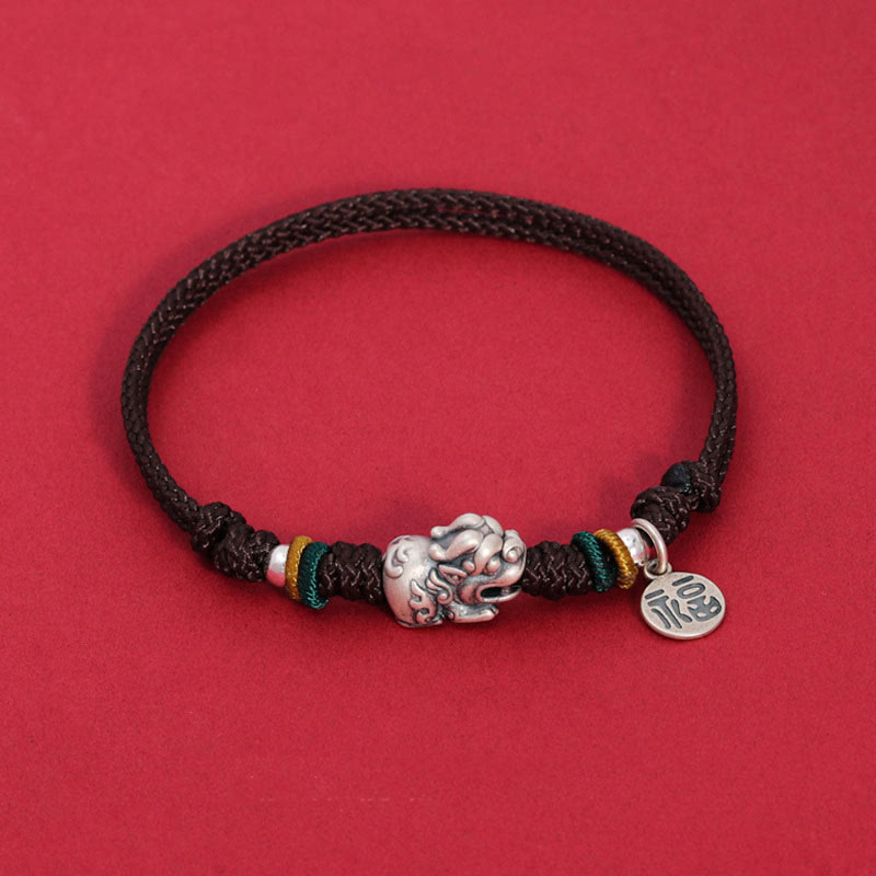 Buddha Stones 925 Sterling Silver PiXiu Fu Character Wealth Luck Handmade Braided Bracelet - Brown Rope(Wrist Circumference 14-17cm) - image 7