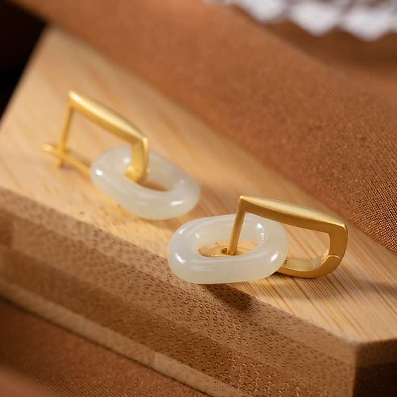 Buddha Stones 925 Sterling Silver Round White Jade Happiness Blessing Earrings - image 2