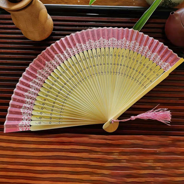 Buddha Stones Simple Hollow Engraved Handheld Bamboo Folding Fan