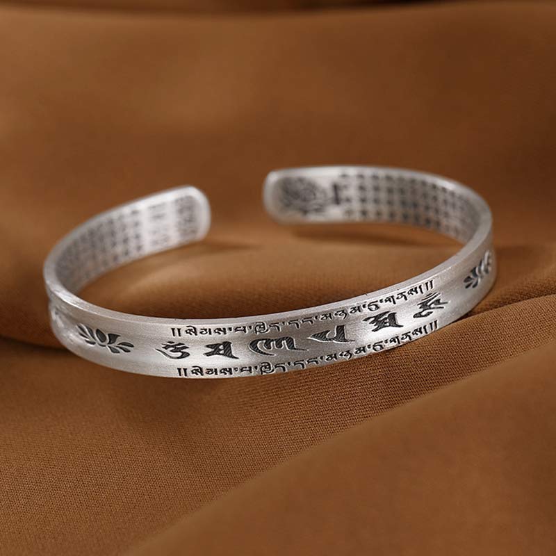 Buddha Stones 999 Sterling Silver Om Mani Padme Hum Lotus Wisdom Bracelet Bangle - image 7