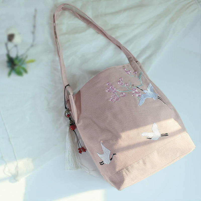 Buddha Stones Flower Crane Plum Blossom Embroidery Canvas Large Capacity Shoulder Bag Tote Bag