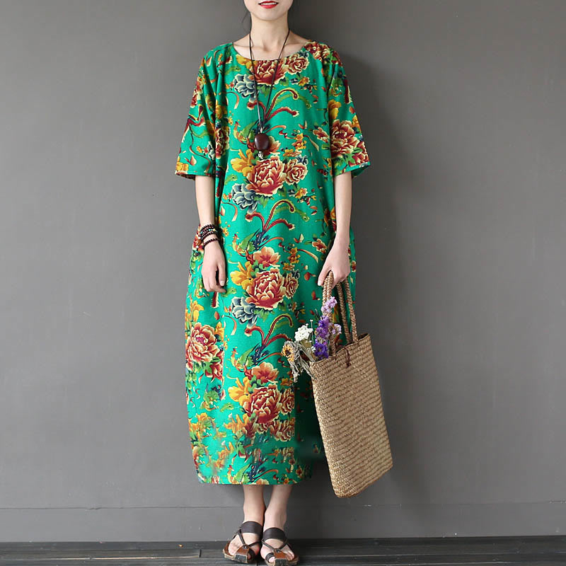 Buddha Stones Red Peony Flowers Printed Midi Dress Half Sleeve Cotton Linen Dress