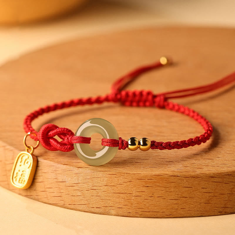 Buddha Stones Hetian Jade Peace Buckle Fu Character String Luck Bracelet