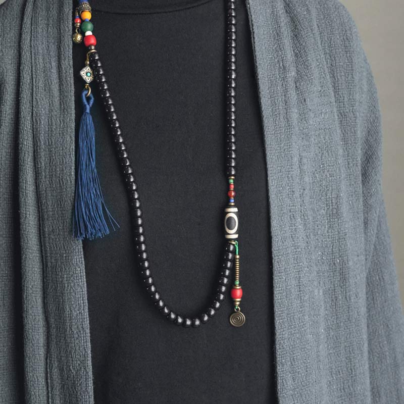 Buddha Stones 108 Beads Mala Ebony Wood Dzi Bead Copper Balance Tassel Bracelet - image 4