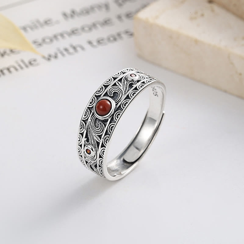 Buddha Stones 925 Sterling Silver Embedded Red Agate Auspicious Clouds Logical Thinking Ring