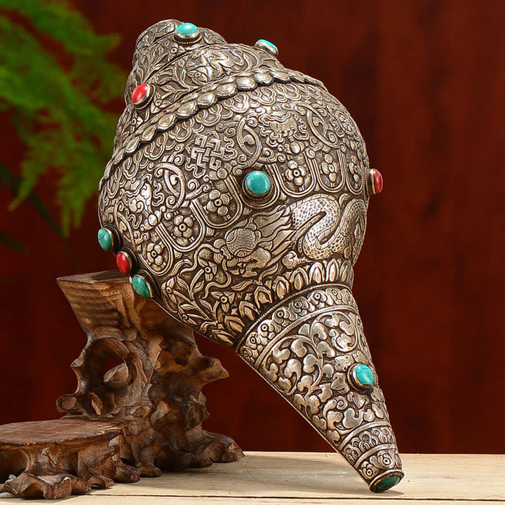 Tibetan Handmade Natural Shankha Engraved Eight Auspicious Symbols Conch Shell Lucky Home Decoration