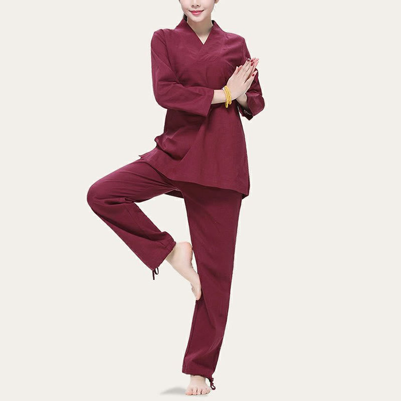 Buddha Stones Zen Practice Yoga Meditation Prayer V-neck Design Uniform Cotton Linen Clothing Women's Set - image 1