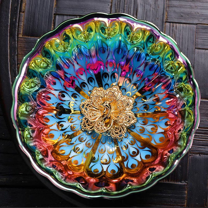 Buddha Stones Vivid Peacock Lotus Inlaid Design Colorful Chinese Jianzhan Ceramic Teacup Kung Fu Tea Cup