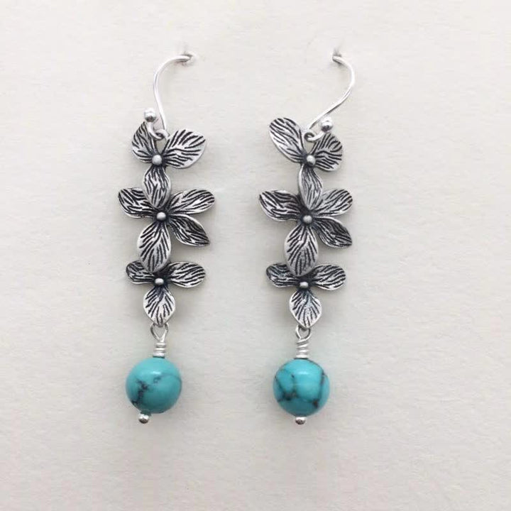 Buddha Stones 925 Sterling Silver Turquoise Lazurite Lapis Lazuli Flower Leaf Serenity Protection Hook Drop Dangle Earrings - image 3