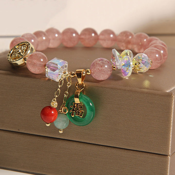 Buddha Stones Strawberry Quartz Jade Fu Character Charm Healing Bracelet