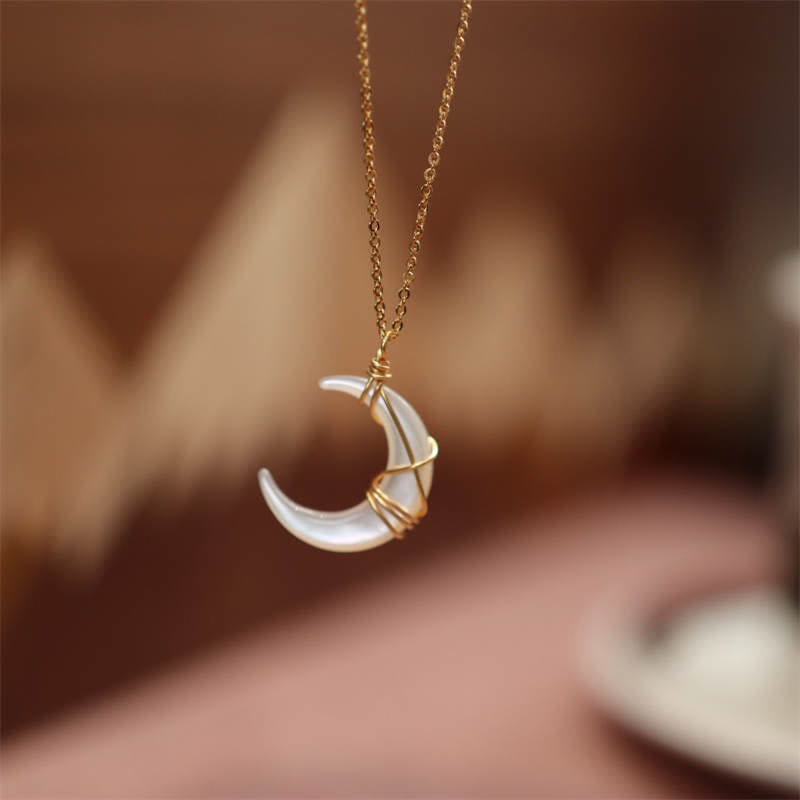 Buddha Stones Natural Tridacna Stone Crescent Moon Blessing Necklace Pendant - White(Pendant Size: Approx. 2cm) - image 0
