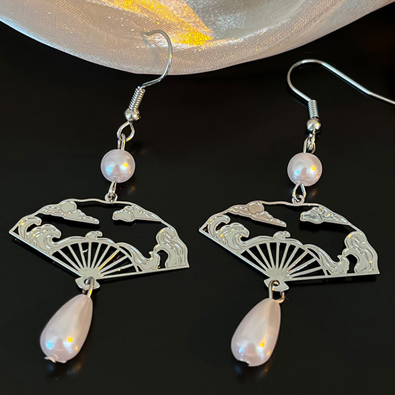 Buddha Stones Copper Fan Auspicious Clouds Pearl Healing Drop Earrings