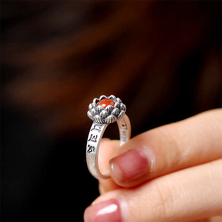925 Sterling Silver Lotus Red Agate Confidence Blessing Ring - image 3