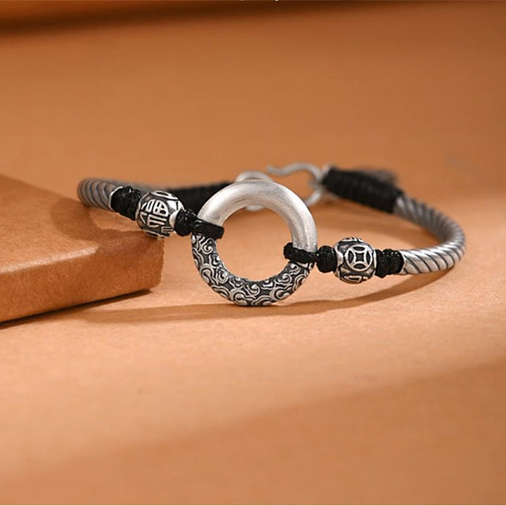 Buddha Stones 999 Sterling Silver Fu Character Peace Buckle Copper Coin Auspicious Clouds Fortune Bracelet - image 8