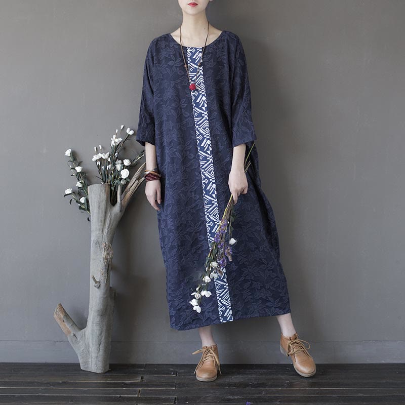 Buddha Stones Blue Flowers Embroidery Jacquard Midi Dress Three Quarter Sleeve Cotton Dress With Pockets