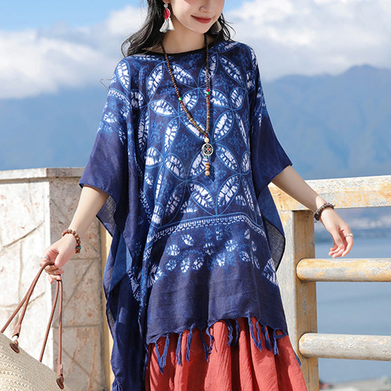 Buddha Stones Blue Flower Indigo Dyeing Shawl Tassels Cozy Pullover 90*95cm