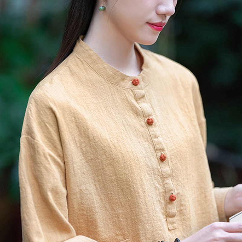 Buddha Stones Solid Color Loose Button Blouse Long Sleeve Shirt Top